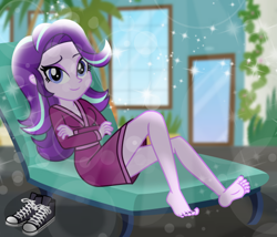 Size: 500x427 | Tagged: safe, artist:emeraldblast63, part of a set, starlight glimmer, human, equestria girls, g4, barefoot, barefoot in shoes, barefooting, bathrobe, breasts, clothes, converse, crossed arms, feet, female, legs, looking at you, nail polish, no socks, robe, sexually oblivious, sexy sneakers, shoes, smiling, smiling at you, spa robe, toenail polish, toenails, toes, wiggling toes