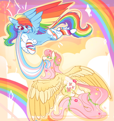 Size: 2589x2756 | Tagged: safe, artist:jezebel_remedy, fluttershy, rainbow dash, pegasus, pony, g4, alternate cutie mark, blaze (coat marking), cloud, cloud pattern, coat markings, colored wings, duo, duo female, eyebrows, eyebrows visible through hair, facial markings, female, flower, flower in hair, flying, high res, lesbian, lesbian pride flag, mare, mouth hold, multicolored wings, pride, pride flag, rainbow, rainbow wings, ship:flutterdash, shipping, smiling, socks (coat markings), spread wings, tail, transgender, transgender pride flag, wings, wristband