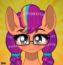 Size: 1747x1790 | Tagged: safe, artist:banquo0, sunny starscout, earth pony, pony, g5, my little pony: tell your tale, alternate hairstyle, blushing, braid, braided pigtails, bust, eyebrows, eyebrows visible through hair, glasses, looking at you, mane stripe sunny, pigtails, smiling, solo
