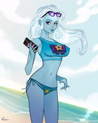Size: 3200x4000 | Tagged: safe, artist:joe pekar, part of a set, trixie, equestria girls, equestria girls specials, g4, my little pony equestria girls: better together, my little pony equestria girls: forgotten friendship, beach, belly, belly button, bikini, cellphone, clothes, cloud, collarbone, equestria girls logo, female, holding phone, lips, looking at you, midriff, multiple variants, ocean, outdoors, phone, pony coloring, ribcage, signature, sky, slender, smartphone, solo, sternocleidomastoid, sunglasses, sunglasses on head, swimsuit, thin, trixie's beach shorts swimsuit, waifu material, water, windswept hair