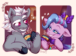 Size: 1765x1310 | Tagged: safe, artist:soniana_draws, part of a set, alphabittle blossomforth, queen haven, pegasus, unicorn, g5, crown, eyeshadow, female, floating heart, food, heart, horn, jewelry, looking at each other, looking at someone, makeup, male, regalia, ship:alphahaven, shipping, straight, tea, unshorn fetlocks