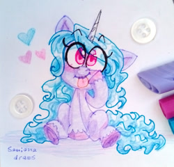 Size: 1280x1228 | Tagged: safe, artist:soniana_draws, izzy moonbow, pony, unicorn, g5, :p, button, chibi, cute, eye clipping through hair, eyebrows, eyebrows visible through hair, floating heart, heart, horn, izzybetes, markers, solo, tongue out, traditional art, unshorn fetlocks