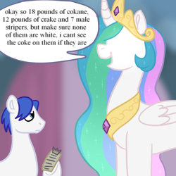 Size: 1000x1000 | Tagged: safe, artist:p2iimon, princess celestia, oc, alicorn, earth pony, pony, g4, clipboard, concave belly, dialogue, duo, duo male and female, female, height difference, hidden eyes, implied drug use, implied drugs, intentional spelling error, male, mare, master chief and luna hanging out, meme, no eyes, speech bubble, stallion, tall