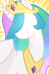 Size: 600x900 | Tagged: safe, artist:p2iimon, princess celestia, alicorn, pony, g4, bust, curved horn, female, hidden eyes, horn, mare, partially open wings, smiling, solo, sunburst background, wings