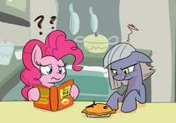 Size: 1344x940 | Tagged: safe, artist:viviwee747, limestone pie, pinkie pie, earth pony, pony, g4, book, confused, cookbook, female, floppy ears, food, frown, kitchen, limestone pie is not amused, mare, pie, pie sisters, question mark, siblings, sisters, unamused