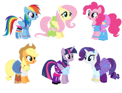 Size: 1270x977 | Tagged: safe, applejack, fluttershy, pinkie pie, rainbow dash, rarity, twilight sparkle, alicorn, earth pony, pegasus, unicorn, g4, clothes, equestria girls outfit, folded wings, horn, mane six, simple background, transparent background, twilight sparkle (alicorn), wings