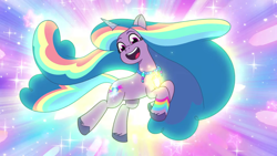 Size: 1920x1080 | Tagged: safe, screencap, izzy moonbow, pony, unicorn, g5, my little pony: tell your tale, the blockywockys, spoiler:g5, spoiler:my little pony: tell your tale, spoiler:tyts02e00, alternate hairstyle, eyebrows, female, horn, izzy rainbow, long mane, long tail, mare, open mouth, open smile, smiling, solo, sparkles, tail, youtube link
