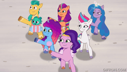 Size: 600x338 | Tagged: safe, screencap, hitch trailblazer, izzy moonbow, misty brightdawn, pipp petals, sparky sparkeroni, sunny starscout, zipp storm, earth pony, pegasus, unicorn, g5, my little pony: tell your tale, the blockywockys, spoiler:g5, spoiler:my little pony: tell your tale, spoiler:tyts02e00, animated, female, gifrun.com, horn, male, mane five, mane seven (g5), mane six (g5), mane stripe sunny, mare, rebirth misty, stallion