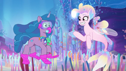 Size: 1280x720 | Tagged: safe, screencap, destiny (g5), izzy moonbow, pony, seapony (g4), unicorn, g5, my little pony: tell your tale, the blockywockys, spoiler:g5, spoiler:my little pony: tell your tale, spoiler:tyts02e00, bioluminescent, bubble, clothes, coral, crepuscular rays, cute, dorsal fin, female, fin, fin wings, fins, fish tail, flippers (gear), floppy ears, flowing mane, flowing tail, gem, glowing, goggles, horn, izzybetes, jade sea, jewelry, looking at each other, looking at someone, mare, necklace, ocean, pearl necklace, reef, scales, scarf, seaweed, swimming, tail, underwater, water, wings