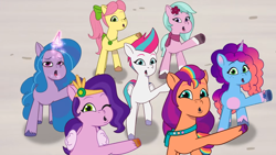 Size: 1920x1080 | Tagged: safe, screencap, dahlia, izzy moonbow, misty brightdawn, pipp petals, posey bloom, sunny starscout, zipp storm, earth pony, pegasus, pony, unicorn, g5, my little pony: tell your tale, the blockywockys, spoiler:g5, spoiler:my little pony: tell your tale, spoiler:tyts02e00, :o, adorapipp, adorazipp, cute, female, horn, izzybetes, looking at you, mare, mistybetes, one eye closed, one of these things is not like the others, open mouth, rebirth misty, smiling, sunnybetes, when she smiles, wink