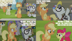 Size: 2000x1125 | Tagged: safe, edit, edited screencap, editor:quoterific, screencap, apple bloom, applejack, long shot, press pass, press release (g4), silver shill, snappy scoop, earth pony, pony, g4, leap of faith, camera, clothes, female, filly, foal, hat, male, mare, stallion