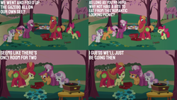 Size: 2000x1125 | Tagged: safe, edit, edited screencap, editor:quoterific, screencap, apple bloom, big macintosh, cheerilee, scootaloo, sweetie belle, g4, hearts and hooves day (episode), cutie mark crusaders, hammer, picnic blanket, record player, toolbox, tree