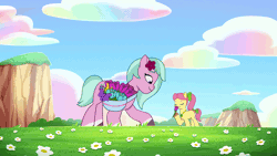 Size: 1920x1080 | Tagged: safe, screencap, dahlia, posey bloom, earth pony, pony, g5, my little pony: tell your tale, the blockywockys, spoiler:g5, spoiler:my little pony: tell your tale, spoiler:tyts02e00, animated, cloud, duo, duo female, female, field, flower, gif, jewelry, mare, necklace, picking flowers, rainbow, sky, sniffing