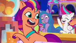 Size: 1920x1080 | Tagged: safe, screencap, izzy moonbow, sunny starscout, zipp storm, earth pony, pegasus, unicorn, g5, my little pony: tell your tale, the blockywockys, spoiler:g5, spoiler:my little pony: tell your tale, spoiler:tyts02e00, ^^, adorazipp, amusement park, animated, blurry background, boardtrot, bracelet, braid, cheek bulge, concave belly, cute, depth of field, drink, drinking, eyes closed, female, fit, gif, hoof hold, horn, izzybetes, jewelry, mane stripe sunny, mare, maretime bay, open mouth, outdoors, slender, smiling, smoothie, straw, sucking, sunny's bag, sunnybetes, teeth, thin, trio, unshorn fetlocks