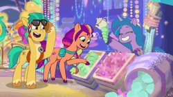 Size: 1920x1080 | Tagged: safe, screencap, hitch trailblazer, izzy moonbow, sunny starscout, earth pony, pony, unicorn, g5, my little pony: tell your tale, the blockywockys, spoiler:g5, spoiler:my little pony: tell your tale, spoiler:tyts02e00, amusement park, animated, boardtrot, bracelet, braid, cute, female, fit, gif, hitchbetes, hoof hold, horn, izzybetes, jewelry, looking at each other, looking at someone, male, mare, outdoors, physique difference, saucer, slender, smiling, smiling at each other, stallion, stand, sunglasses, sunny's bag, sunnybetes, teapot, thin, trio, unshorn fetlocks