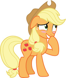 Size: 3000x3555 | Tagged: safe, artist:cloudy glow, applejack, earth pony, pony, a trivial pursuit, g4, .ai available, blushing, cowboy hat, female, floppy ears, hat, high res, mare, simple background, solo, stetson, transparent background, vector