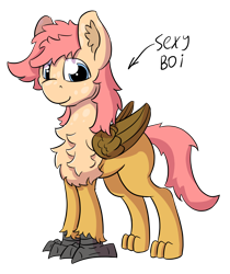 Size: 1500x1784 | Tagged: safe, artist:dsksh, oc, oc only, oc:ponygriff, hybrid, ponygriff, chest fluff, ear fluff, folded wings, hybrid oc, looking at you, male, simple background, solo, standing, transparent background, wings