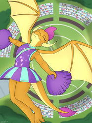 Size: 1920x2578 | Tagged: safe, artist:nudeknightart, smolder, dragon, anthro, plantigrade anthro, 2 4 6 greaaat, g4, cheerleader, cheerleader outfit, clothes, crowd, dragoness, eyes closed, female, flying, pom pom, skirt, smiling