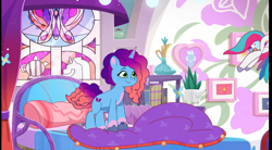 Size: 1302x720 | Tagged: safe, screencap, misty brightdawn, zipp storm, pegasus, pony, unicorn, g5, my little pony: tell your tale, the blockywockys, spoiler:g5, spoiler:my little pony: tell your tale, spoiler:tyts02e00, bed, crystal brighthouse, cute, female, horn, mare, mistybetes, rebirth misty