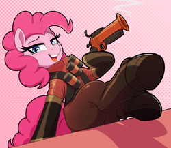 Size: 3220x2800 | Tagged: safe, artist:thebatfang, pinkie pie, earth pony, pony, art pack:flare mares, g4, abstract background, bandolier, blushing, boots, clothes, female, flare gun, gloves, gradient background, high res, lidded eyes, looking at you, mare, pinkie pyro, pyro, shoes, sitting, smiling, smiling at you, solo, stupid sexy pinkie, team fortress 2