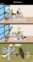 Size: 1920x3516 | Tagged: safe, artist:platinumdrop, derpy hooves, pegasus, pony, comic:dismissed, g4, 3 panel comic, alternate timeline, angry, bag, bipedal, bowl, break, breaking, bucking, cabinet, comic, commission, couch, crying, despair, destruction, distressed, egg, female, flour, folded wings, food, frustration, furniture, heartbreak, home, house, implied doctor whooves, implied roseluck, indoors, kitchen, living room, mare, meltdown, misery, muffin, open mouth, photo, picture frame, plant, potted plant, rage, sad, solo, speech bubble, spread wings, table, table flip, tantrum, tears of anger, tears of sadness, teary eyes, this will not end well, why, wings, yelling