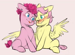 Size: 4096x2995 | Tagged: safe, artist:chub-wub, fluttershy, pinkie pie, earth pony, pegasus, pony, g4, :p, alternate hairstyle, blushing, cute, diapinkes, duo, duo male, ear piercing, earring, gay, grin, jewelry, lip bite, looking at each other, looking at someone, male, missing cutie mark, one eye closed, piercing, pink background, ship:flutterpie, shipping, shyabetes, simple background, sitting, smiling, stallion, t4t, tongue out, trans male, transgender, wink