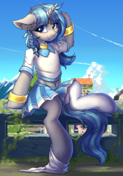 Size: 1440x2048 | Tagged: safe, artist:ravistdash, oc, oc:cork, pony, unicorn, semi-anthro, belly, belly button, clothes, cute, dark skin, egyptian, female, greek, horn, human shoulders, looking at you, mare, midriff, scenery, sitting, skirt, socks, solo, stockings, thigh highs