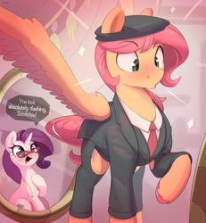 Size: 3190x3459 | Tagged: safe, artist:nookprint, fluttershy, rarity, pegasus, pony, unicorn, g4, beret, blush lines, blushing, butterscotch, clothes, colored hooves, colored pinnae, colored wings, colored wingtips, dialogue, duo, emanata, eyebrows, eyebrows visible through hair, eyelashes, female, glasses, half r63 shipping, hat, high res, hoof polish, horn, jacket, looking at someone, male, mare, measuring tape, mirror, necktie, open mouth, open smile, pants, raised hoof, rarity's glasses, rule 63, ship:flarity, ship:rariscotch, shipping, shirt, sitting, smiling, sparkles, speech bubble, spread wings, stallion, standing, straight, suit, surprised, text, unshorn fetlocks, wall of tags, wing fluff, wings