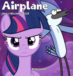Size: 1194x1242 | Tagged: safe, artist:edy_january, artist:tardifice, artist:timelordomega, edit, editor:edy_january, twilight sparkle, alicorn, bird, blue jay, pony, g4, aeroplanes and meteor showers, airplanes (song), album, album cover, album parody, b.o.b., boyfriend and girlfriend, crossover, crossover shipping, duo, duo male and female, female, glowing, hayley williams, male, mordecai, mordetwi, music, parody, purple background, regular show, shipping, simple background, song, song reference, straight, twilight sparkle (alicorn)