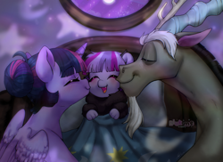 Size: 2500x1817 | Tagged: safe, artist:riukime, discord, twilight sparkle, oc, oc:jinx, alicorn, draconequus, hybrid, pony, g4, alternate hairstyle, bed, cheek kiss, cute, daaaaaaaaaaaw, family, female, hair bun, high res, interspecies offspring, kiss sandwich, kissing, male, mare, moon, offspring, open mouth, open smile, parent:discord, parent:twilight sparkle, parents:discolight, ship:discolight, shipping, smiling, stars, story included, straight, twilight sparkle (alicorn)