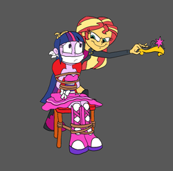 Size: 1095x1080 | Tagged: safe, artist:bugssonicx, sunset shimmer, twilight sparkle, human, equestria girls, g4, big crown thingy, bondage, bound and gagged, cloth gag, crown, element of magic, gag, jewelry, regalia, tied to chair, tied up