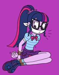 Size: 1415x1799 | Tagged: safe, artist:bugssonicx, sci-twi, twilight sparkle, human, equestria girls, g4, ankle tied, arm behind back, bondage, bound and gagged, bound wrists, cloth gag, emanata, gag, purple background, simple background, solo