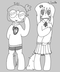 Size: 1020x1234 | Tagged: safe, artist:castafae, oc, oc only, oc:ceiling fan, oc:ichi, satyr, awkward, blushing, clothes, compression shorts, duo, duo male and female, female, glasses, gray background, hairclip, male, messy tail, monochrome, parent:oc:floor bored, pleated skirt, ribbon, ribbon bow tie, side ponytail, simple background, skirt, sweater, tail