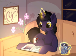 Size: 3400x2500 | Tagged: safe, artist:appleneedle, oc, oc only, oc:fable caster, pony, unicorn, book, chocolate, couch, cozy, cute, digital art, evening, flower, food, horn, hot chocolate, magic, raffle prize, reading, room, window