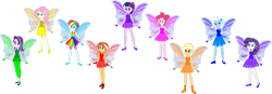 Size: 3991x1391 | Tagged: safe, artist:invisibleink, artist:tylerajohnson352, applejack, fluttershy, pinkie pie, rainbow dash, rarity, starlight glimmer, sunset shimmer, trixie, twilight sparkle, fairy, equestria girls, g4, fairy wings, humane five, humane seven, humane six, simple background, transparent background, wings