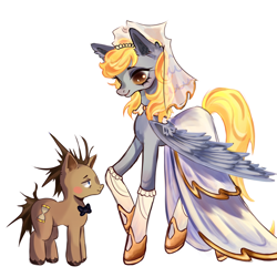 Size: 4000x4000 | Tagged: safe, artist:cioccolata, derpy hooves, doctor whooves, time turner, earth pony, pegasus, pony, g4, alternate hairstyle, blushing, bowtie, bride, clothes, commission, cute, derpabetes, dress, duo, duo male and female, female, groom, hoof shoes, looking at each other, looking at someone, male, meme, messy mane, raised hoof, ship:doctorderpy, shipping, simple background, size difference, slender, socks, stockings, straight, the bride and the ugly ass groom, thigh highs, thin, unshorn fetlocks, veil, wedding dress, wedding veil, white background, ych result