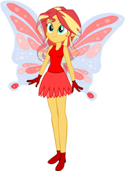 Size: 1151x1578 | Tagged: safe, artist:invisibleink, artist:tylerajohnson352, sunset shimmer, fairy, equestria girls, g4, bare shoulders, beautiful, clothes, dress, fairy wings, gloves, simple background, sleeveless, solo, transparent background, wings