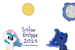 Size: 556x376 | Tagged: safe, artist:nightshadowmlp, princess celestia, princess luna, alicorn, pony, g4, 2024 solar eclipse, animated, celestia is not amused, eclipse, female, gif, glowing, glowing horn, horn, magic, mare, moon, redraw, royal sisters, siblings, simple background, sisters, solar eclipse, sun, text, unamused, white background