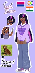 Size: 540x1096 | Tagged: safe, alternate character, alternate version, artist:sprong-lhama, spike, spike the regular dog, twilight sparkle, dog, human, g4, autism, bisexual pride flag, clothes, converse, dark skin, female, glasses, humanized, implied spike, india, indian, lipstick, makeup, pants, portuguese, pride, pride flag, purple background, scissors, shirt, shoes, simple background, solo, sweater, tank top