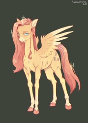 Size: 1311x1832 | Tagged: safe, artist:kawwoonomad, fluttershy, pegasus, pony, g4, female, full body, green background, mare, pink hooves, pink mane, pink tail, ribs, simple background, solo, spread wings, standing, tail, wings, yellow coat