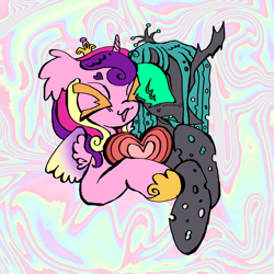 Size: 2048x2048 | Tagged: safe, artist:larvaecandy, princess cadance, queen chrysalis, alicorn, changeling, changeling queen, pony, g4, duo, female, heart, infidelity, lesbian, ship:cadalis, shipping