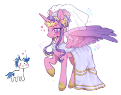 Size: 2443x1917 | Tagged: safe, artist:paichitaron, princess cadance, shining armor, alicorn, pony, unicorn, g4, alternate hairstyle, blush lines, blush sticker, blushing, clothes, dress, duo, female, heart, horn, male, mare, meme, partially open wings, ship:shiningcadance, shipping, simple background, size difference, smiling, stallion, straight, stylistic suck, the bride and the ugly ass groom, veil, wedding dress, wedding veil, white background, wings