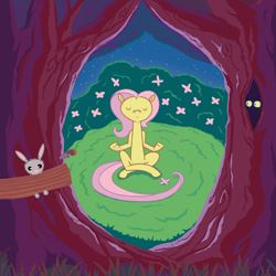 Size: 1440x1440 | Tagged: safe, artist:mafon, angel bunny, fluttershy, pegasus, pony, rabbit, g4, animal, duo, duo male and female, eyes closed, eyes in the dark, female, flower, forest, knife, male, mare, meditating, nature, sitting, solo focus, tied to tree, tied up, tree