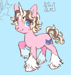 Size: 729x763 | Tagged: safe, artist:fluttershyes, oc, oc only, unnamed oc, pony, unicorn, blue background, blue eyes, coat markings, colored hooves, colored horn, colored pinnae, eye clipping through hair, eyelashes, facial hair, facial markings, horn, male, nose piercing, piercing, pink coat, ponysona, raised hoof, septum piercing, short mane, short tail, simple background, sketch, smiling, socks (coat markings), solo, stallion, star (coat marking), tail, two toned mane, two toned tail, unicorn oc, unshorn fetlocks, wingding eyes