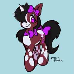 Size: 715x717 | Tagged: safe, artist:fluttershyes, oc, oc only, oc:softie cuddle, pony, unicorn, appaloosa, black mane, black tail, blaze (coat marking), blue background, bow, brown coat, coat markings, colored belly, colored horn, colored muzzle, colored sketch, commission, eyelashes, eyeshadow, facial markings, female, hair bow, hair over one eye, horn, lidded eyes, long mane, long tail, looking back, makeup, mare, neck bow, pale belly, purple eyes, signature, simple background, sketch, smiling, solo, spots, spotted, tail, tail bow, unicorn oc