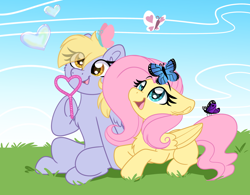 Size: 1280x999 | Tagged: safe, artist:lbrcloud, derpy hooves, fluttershy, butterfly, pegasus, pony, g4, blowing bubbles, bubble wand, chest fluff, cute, derpabetes, derpyshy, eye clipping through hair, female, folded wings, lesbian, looking up, lying down, mare, missing cutie mark, prone, shipping, shyabetes, sitting, spread legs, spreading, wings