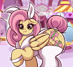 Size: 2048x1875 | Tagged: safe, alternate version, artist:artmorheart, fluttershy, pegasus, pony, g4, adorasexy, alternate hairstyle, bunny ears, bunny girl, bunny suit, butt, choker, chokershy, clothes, cuffs (clothes), cute, fishnet stockings, flutterbunny, flutterbutt, implied rarity, large butt, puffed chest, raised hoof, sexy, smiling, solo, stockings, sweat, sweatdrop, tail, tail bun, thigh highs, wide hips, wings