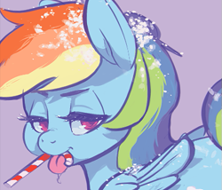 Size: 551x471 | Tagged: safe, artist:lizombie, rainbow dash, pegasus, pony, g4, candy, candy cane, cropped, drool, female, food, licking, lidded eyes, mare, mouth hold, snow, solo, tongue out