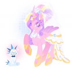Size: 1440x1440 | Tagged: safe, artist:beaniebearz, princess cadance, shining armor, alicorn, pony, unicorn, g4, alternate hairstyle, bowtie, clothes, dress, female, floating heart, heart, heart eyes, horn, horn ring, looking at you, male, mare, meme, messy mane, ring, ship:shiningcadance, shipping, simple background, sitting, size difference, smiling, smiling at you, stallion, straight, the bride and the ugly ass groom, veil, wedding dress, wedding veil, white background, wingding eyes