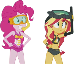 Size: 2899x2520 | Tagged: safe, edit, edited screencap, editor:homersimpson1983, screencap, pinkie pie, sunset shimmer, human, equestria girls, g4, background removed, bikini, clothes, cute, duo, duo female, female, not a vector, shimmerbetes, simple background, smiling, snorkel, swimsuit, transparent background